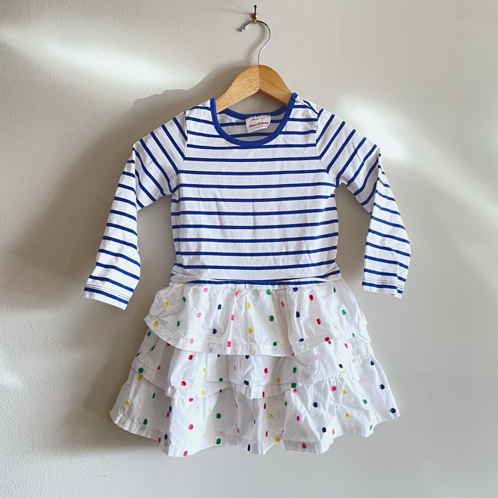 Hanna Andersson Long Sleeved Striped Polka Dot Tiered Ruffled Dress, Girls' 4